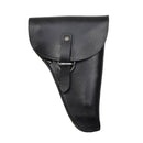 Black leather military-style pistol holster with secure buckle designed for Beretta, attaching easily to a belt.