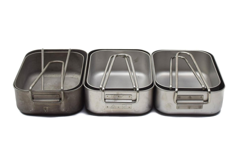 Three stainless steel original military mess tins with folding handles for camping and outdoor use
