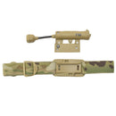 Tactical belt with attached flashlight on a white background