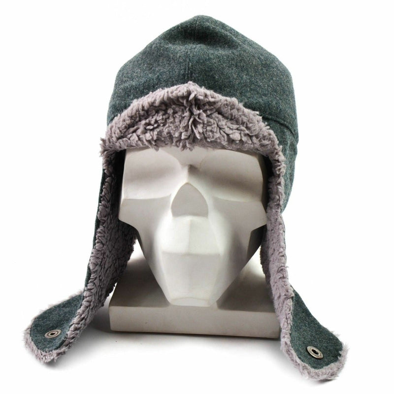 Original Swiss army grey wool winter cap with adjustable ear flaps and faux fur lining for cold weather protection