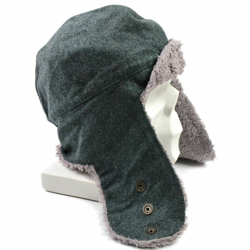 Original Swiss army winter cap in gray wool with adjustable ear flaps and faux fur lining for cold weather protection.