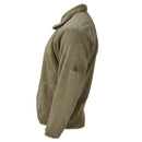 Side view of original U.S. army tactical cold water fleece jacket with reinforced shoulders in olive color