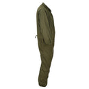 Side view of an original U.S. military olive green mechanic coveralls with snap closure and elastic cuffs