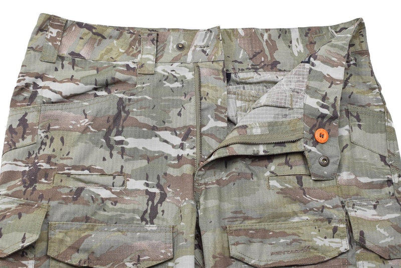 Pentagon Lycos Combat Pants in pentacamo, featuring ripstop fabric, cargo pockets, and durable zipper closure.