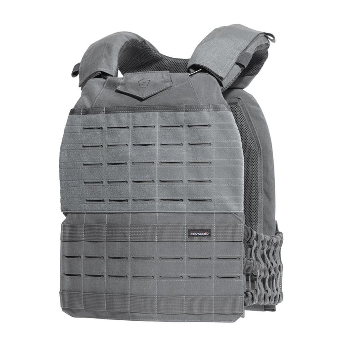 Szara kamizelka taktyczna PENTAGON Milon Plate Carrier Mk2 z laserowo wycinanym systemem MOLLE i oddychającymi panelami z siateczki