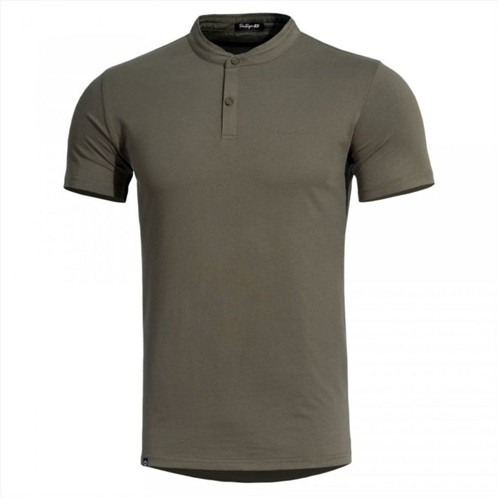 T-shirt Pentagon Romeo 2.0 Henley o regularnym kroju w kolorze oliwkowym ze stójką i krótkimi rękawami, bezwonna tkanina bawełniana
