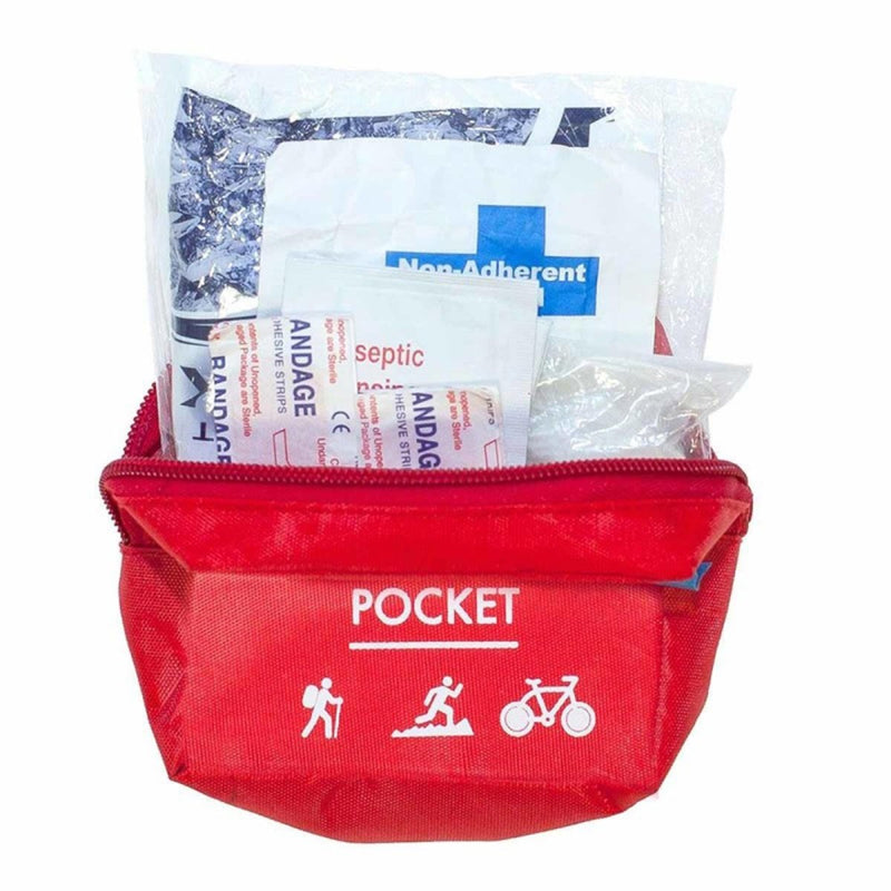 Red pocket first aid kit with medical supplies on a white background