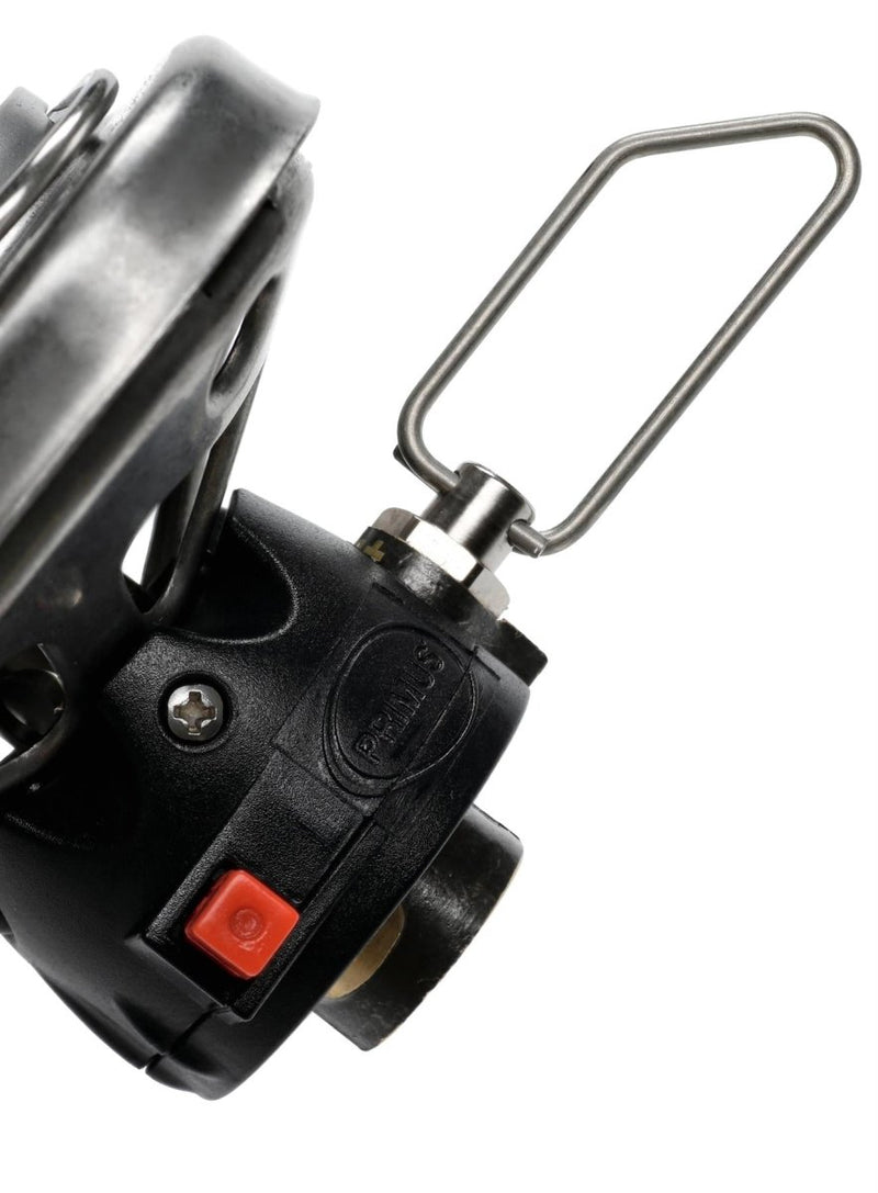 Close-up of Primus Lite Stove System burner with push-button ignition and foldable metal handle for backpacking use