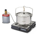Primus Moja Stove with connected gas canister and stainless steel pot for compact outdoor cooking and camping use.