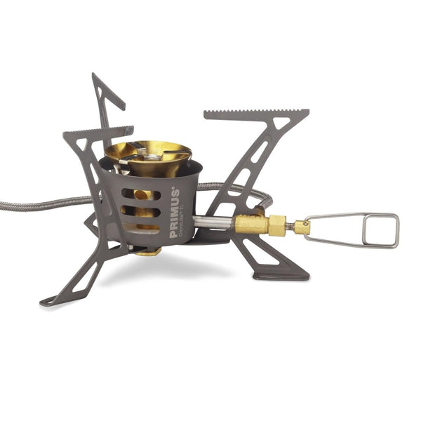 Primus OmniLite Ti lightweight multifunctional titanium camping stove with foldable design and powerful burner on white background