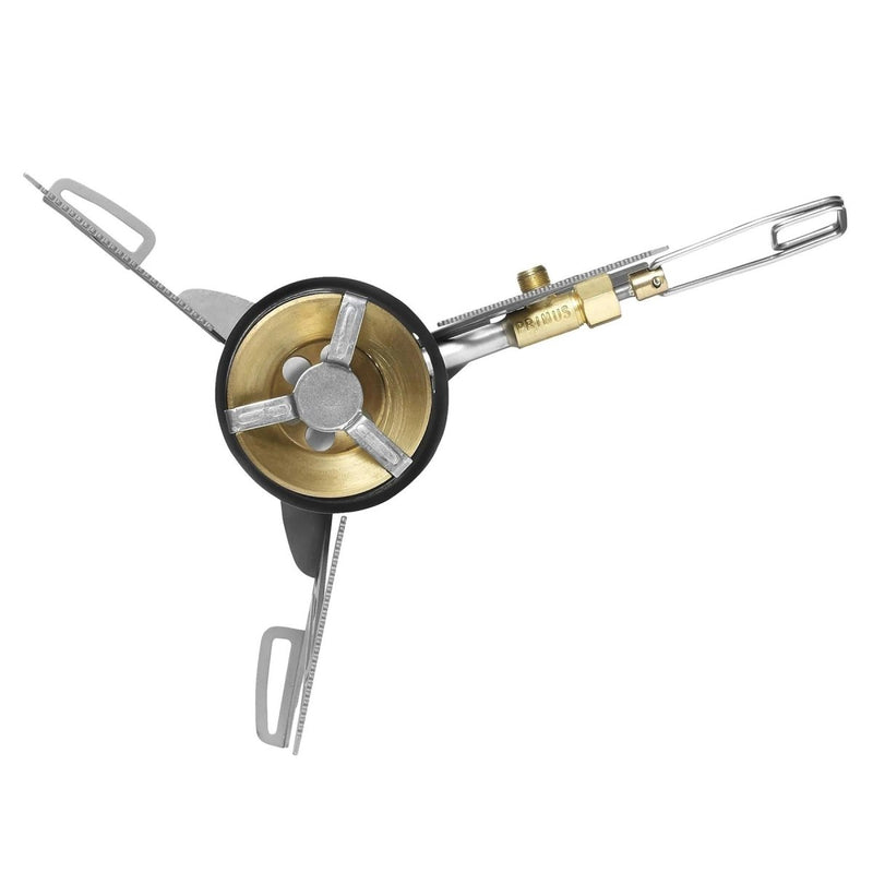 Primus OmniLite Ti lightweight titanium camping stove with foldable pot supports and multi-fuel burner for outdoor cooking