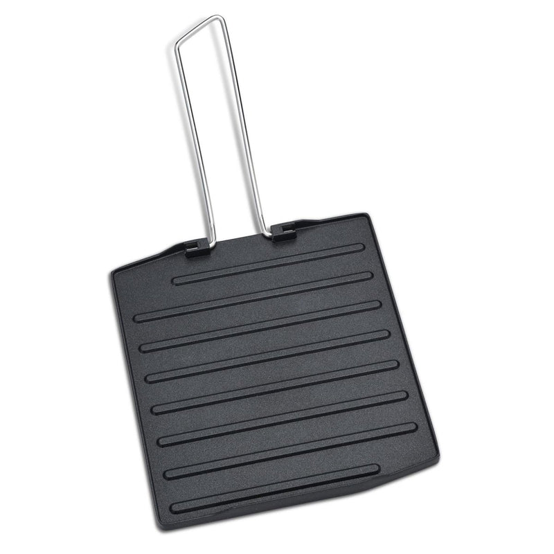 Non-stick rectangular griddle plate with foldable metal handle for Primus Tupike dual burner outdoor camping stove.