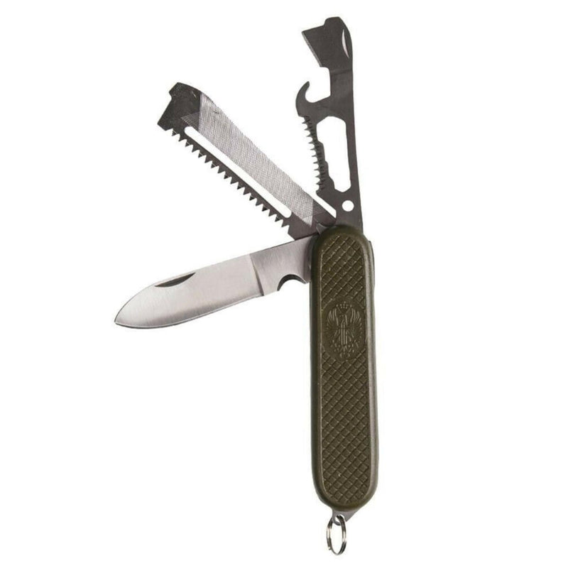 Spanish army style foldable multitool knife with olive plastic handle and stainless steel blades for outdoor use.