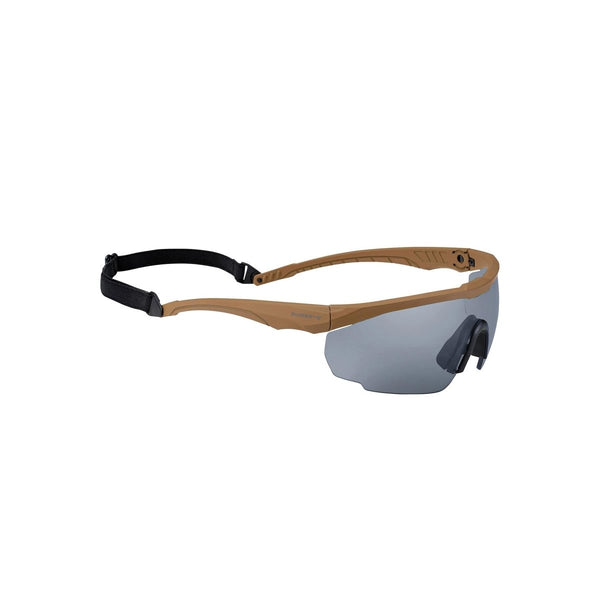 SWISS EYE military-grade safety goggles with adjustable temples, anti-scratch lenses, UV protection, and secure strap.