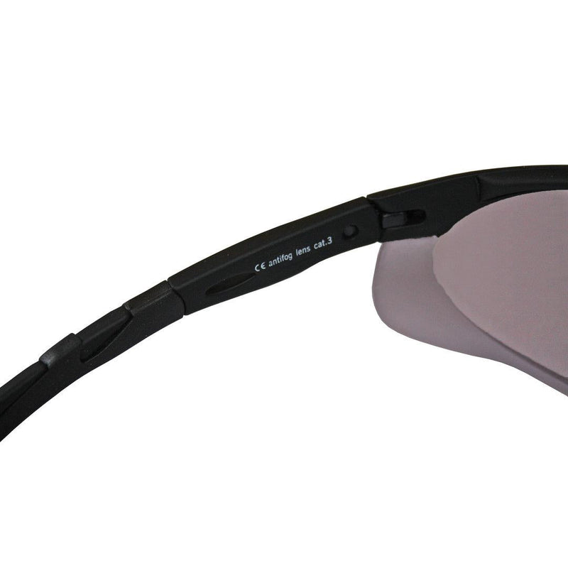 Close-up of black frame and purple wide ballistic lens of Swiss Eye tactical shooting glasses with UV400 antifog protection