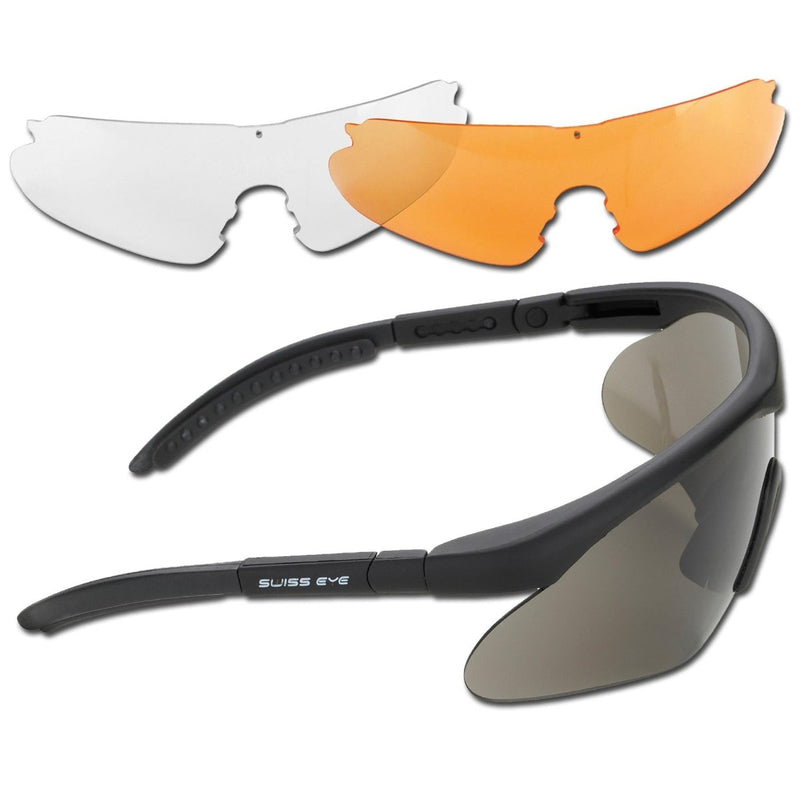 SWISS EYE ballistic shooting goggles with interchangeable lenses for UV400 protection and anti-fog performance.