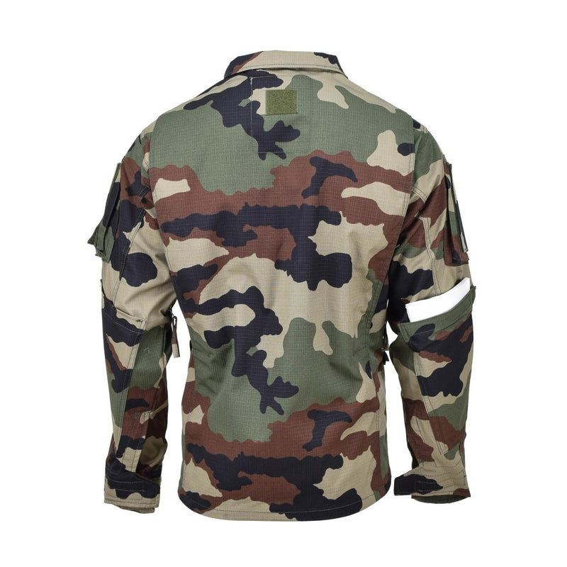 Back view of TACGEAR French military style camo woodland commando jacket with durable ripstop fabric and multiple pockets