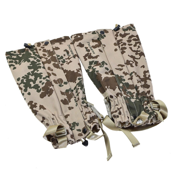 Wodoodporne getry TACGEAR w kamuflażu Flecktarn Desert z metalowymi haczykami i regulowanymi paskami, do użytku na zewnątrz i taktycznego