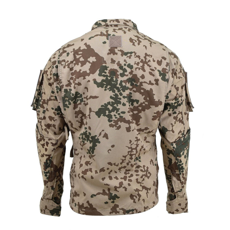 Back view of TACGEAR desert flecktarn camo military commando field jacket with reinforced elbows and multiple pockets