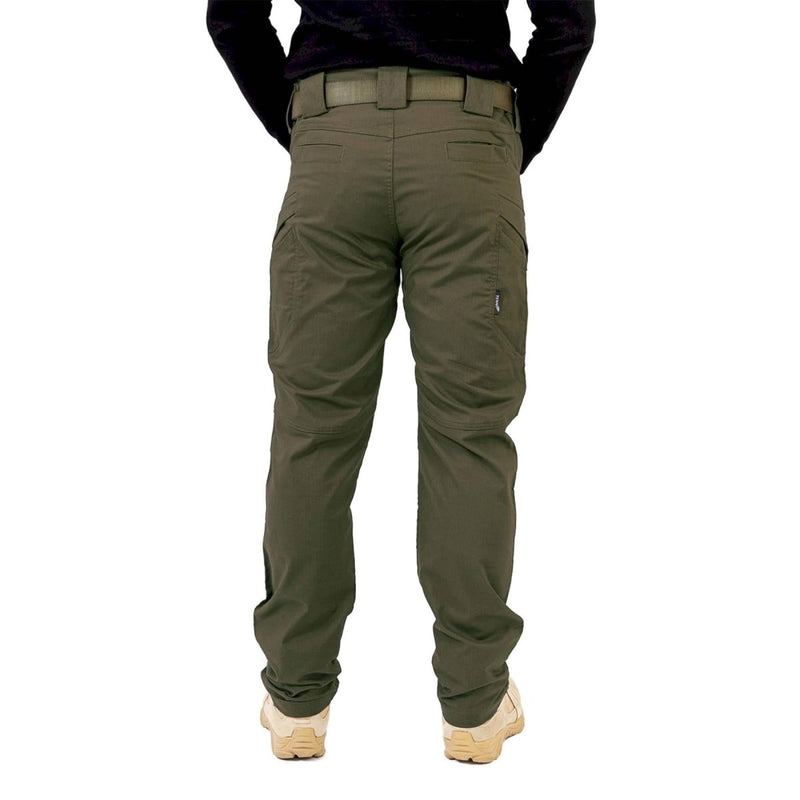 Rear view of man wearing olive green TEXAR Elite Pro 2.0 ripstop tactical cargo pants with belt loops and pockets