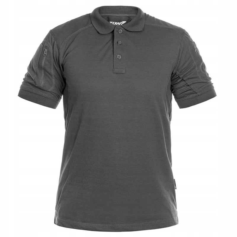 Dark gray TEXAR Elite Pro tactical short sleeve polo shirt with collar and button placket, designed for durability and comfort.