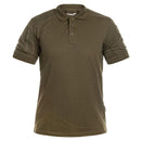 Olive green TEXAR Elite Pro tactical short sleeve polo shirt with button collar and zippered sleeve pockets.