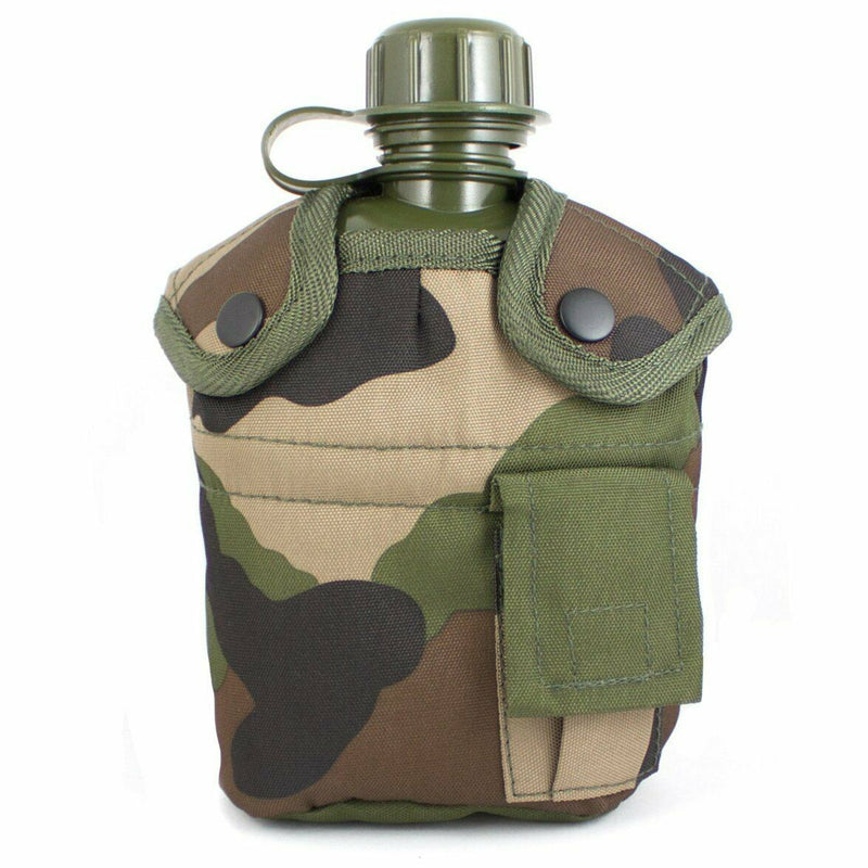 U.S. Army style M1 canteen with camouflage cover, cover cup, and pouch with alice clips for outdoor use