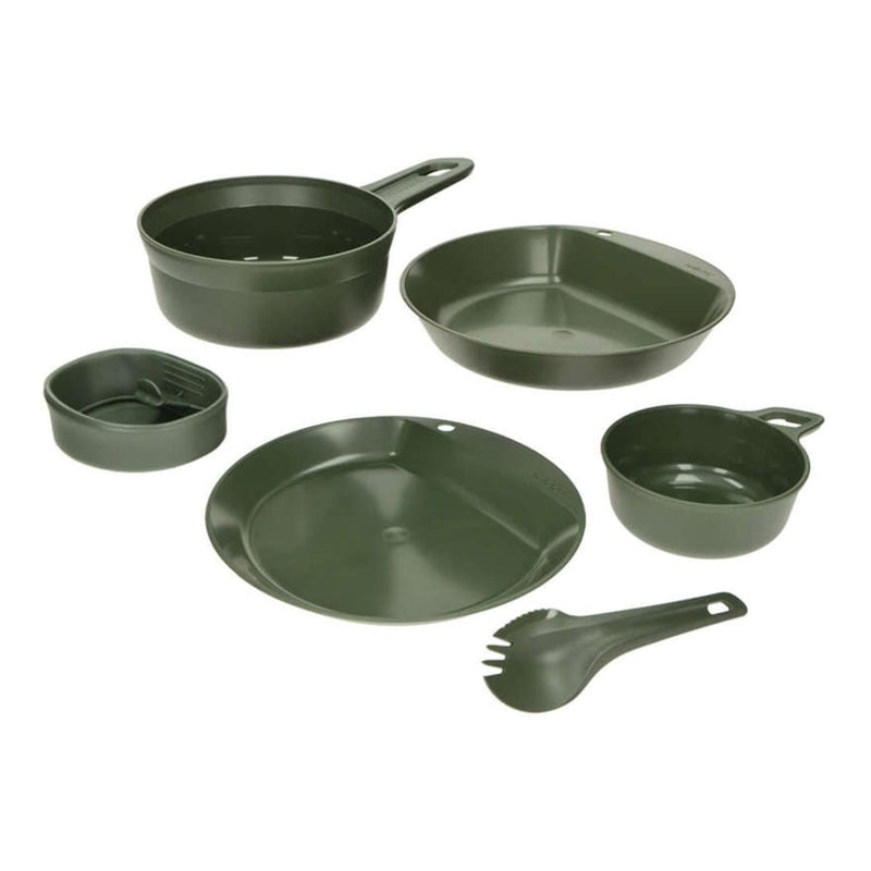 Olive green Wildo EXPLORER KIT camping tableware set with plates, bowls, cup, and spork, BPA-free lightweight utensils.